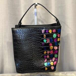 ✨ Black Croc-Embossed Bucket Bag w/ Multicolor Gold Leaf Accents ✨